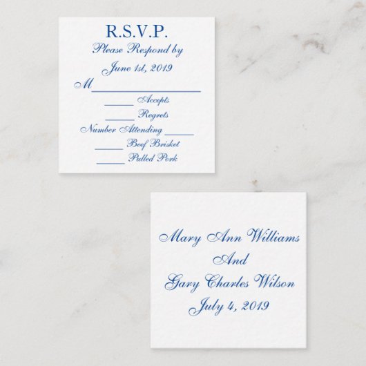 Antwoordkaarten in blauw en wit informatiekaartje (Voorkant / Achterkant)