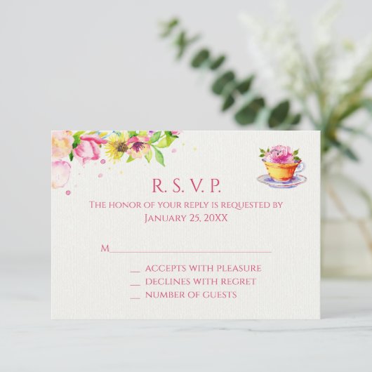 Antwoordkaarten voor Thee Feest met Bloemen RSVP Kaartje (Staand voorkant)