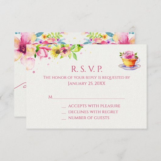 Antwoordkaarten voor Thee Feest met Bloemen RSVP Kaartje (Voorkant / Achterkant)