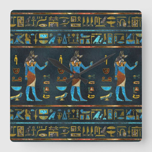 Anubis Egyptian  Gold, Blue and Red glass Vierkante Klok (Voorkant)
