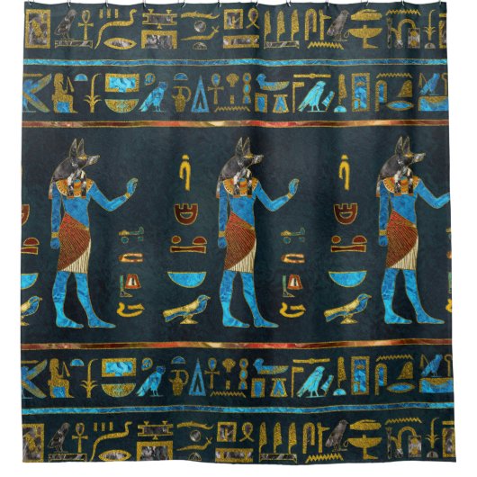 Anubis Egyptisch goud-, blauw- en rood glas Douchegordijn (Voorkant)