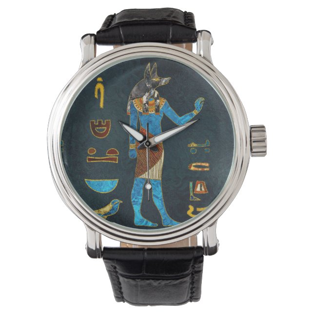 Anubis Egyptisch goud, blauw en rood glas Horloge (Voorkant)