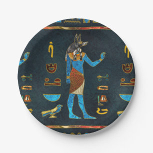 Anubis Egyptisch goud-, blauw- en rood glas Papieren Bordje