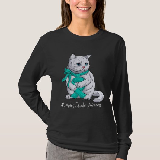 Anxiety Disorder Awareness Month Teal Ribbon Cat T-shirt (Voorkant)