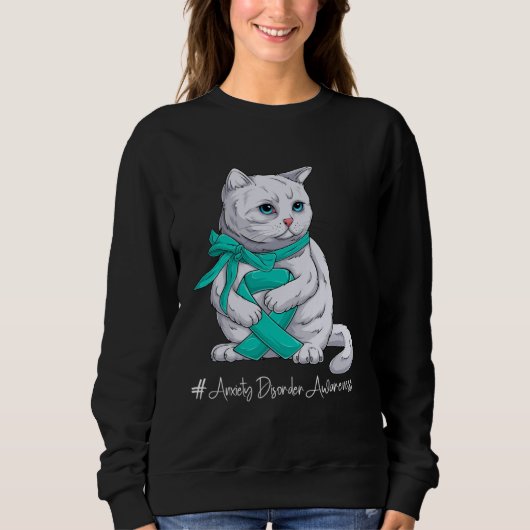 Anxiety Disorder Awareness Month Teal Ribbon Cat Trui (Voorkant)