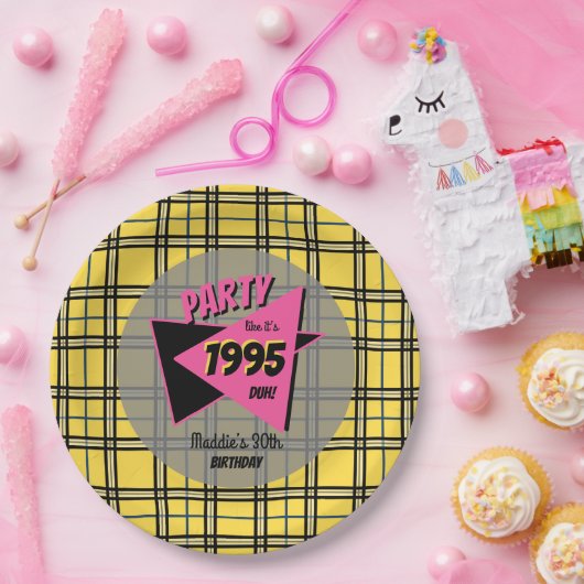 ANY AGE 90s gele plaid en roze verjaardagsfeestje Papieren Bordje (Feest)