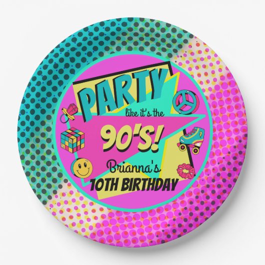 ANY AGE 90s party regenboog halftone roze blauwgro Papieren Bordje (Voorkant)