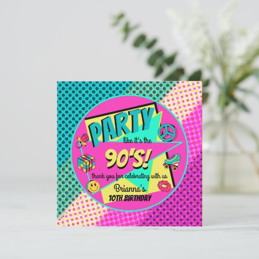 ANY AGE 90's retro verjaardagsfeestje neon regenbo Bedankkaart (Staand voorkant)