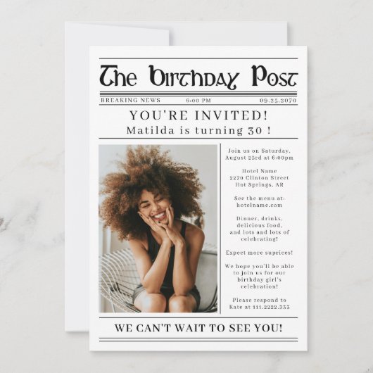 Any Age Birthday Newspaper Custom Photo Kaart (Voorkant)