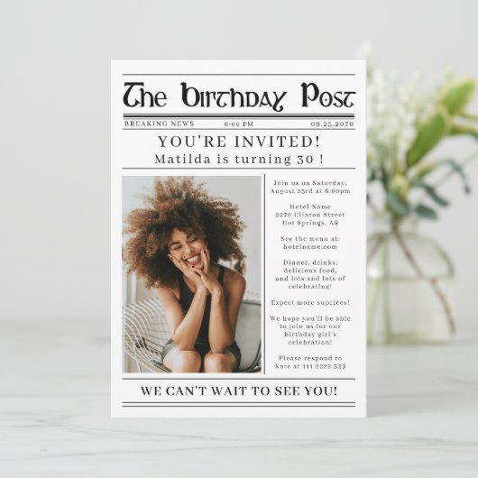 Any Age Birthday Newspaper Custom Photo Kaart (Staand voorkant)