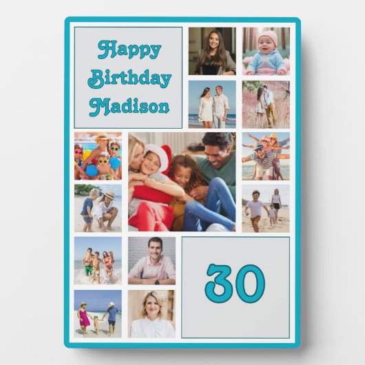 Any age birthday photo collage with blue border   fotoplaat (voorkant)