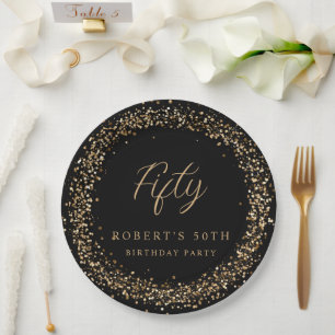 Any Age Black Gold Glitter Verjaardagsfeestje Papieren Bordje
