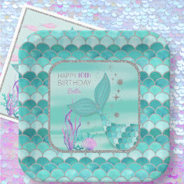 ANY AGE Blauwgroen Zeemeermin Zilver Glitter Happy Papieren Bordje
