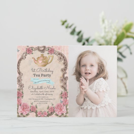 ANY AGE -  Bloementhee Verjaardagsuitnodiging Kaart (Staand voorkant)