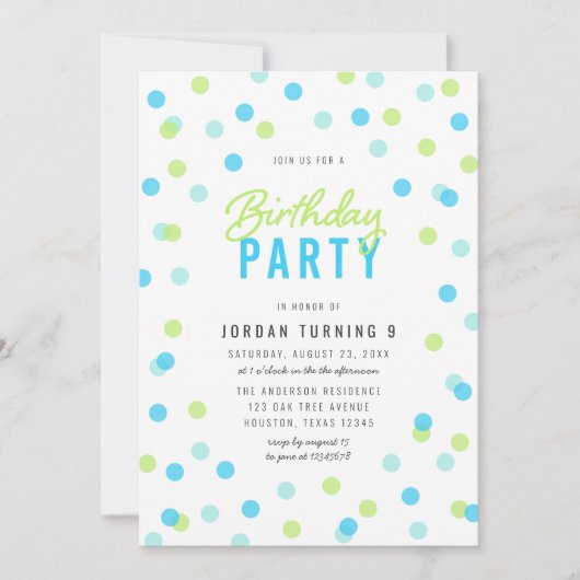 Any Age Blue Aqua Green Confetti Verjaardagsfeestj Kaart (Voorkant)