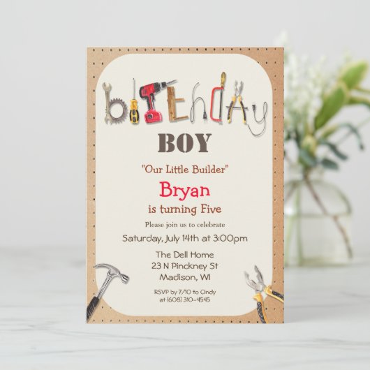 ANY AGE - Boy Builder Tool Verjaardag uitnodiging (Staand voorkant)