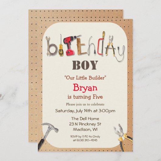 ANY AGE - Boy Builder Tool Verjaardag uitnodiging (Voorkant / Achterkant)