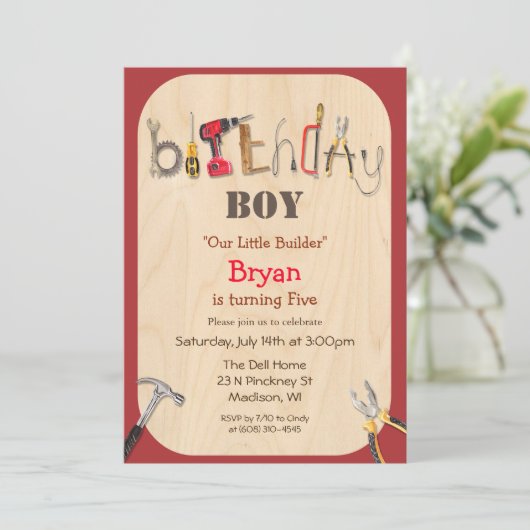 ANY AGE - Boy Builder Tool Verjaardag uitnodiging (Staand voorkant)