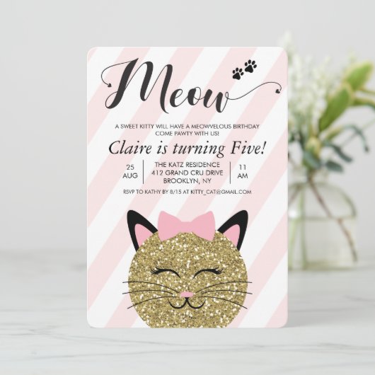 ANY AGE - Cat Kitten Meow Verjaardagsuitnodiging Kaart (Staand voorkant)