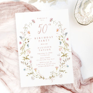 Any Age Dusty Pink Wildflower Boho 50e verjaardag Kaart