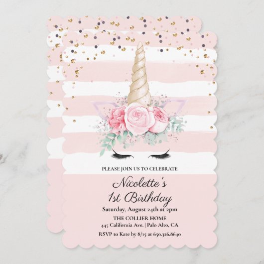 ANY AGE - Eenhoorn Bloemen Verjaardag Uitnodiging (Voorkant / Achterkant)