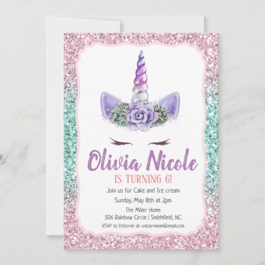 ANY AGE - Eenhoorn Glitter Verjaardag uitnodiging (Voorkant)