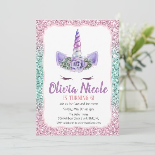 ANY AGE - Eenhoorn Glitter Verjaardag uitnodiging (Staand voorkant)