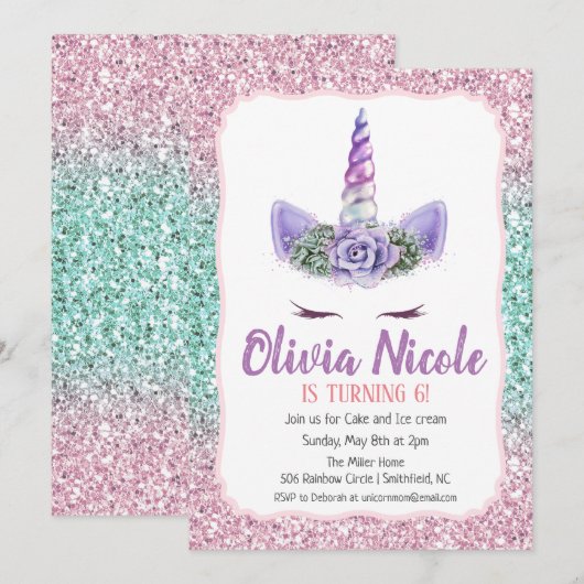 ANY AGE - Eenhoorn Glitter Verjaardag uitnodiging (Voorkant / Achterkant)
