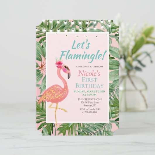 ANY AGE - Flamingo Flamingle Verjaardagsuitnodigin Kaart (Staand voorkant)
