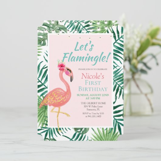 ANY AGE - Flamingo Flamingle Verjaardagsuitnodigin Kaart (Staand voorkant)