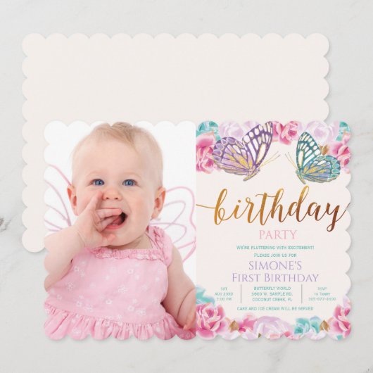 ANY AGE - Foto Vlinder Verjaardag uitnodiging (Voorkant / Achterkant)