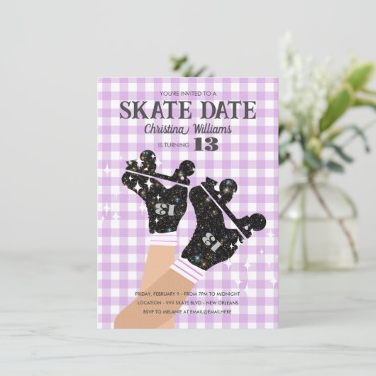 Any Age Gingham Lila Disco Roller Schaats Verjaard Kaart (Staand voorkant)