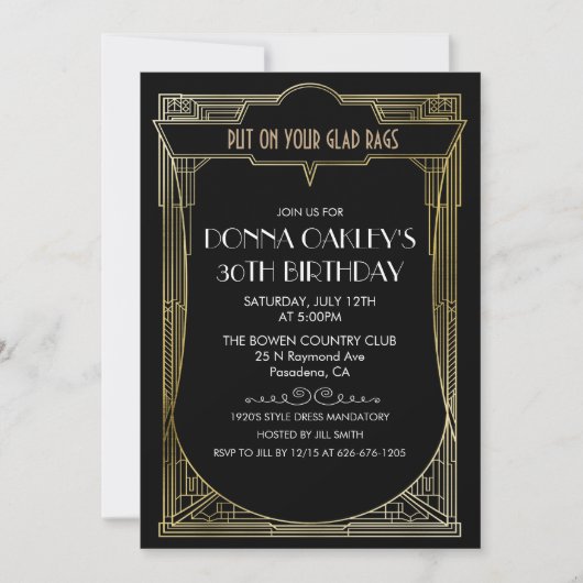 ANY AGE Grote Gatsby Art Deco Verjaardag Uitnodigi Kaart (Voorkant)