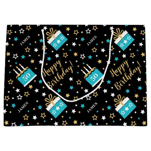 Any Age Happy Birthday Cake Blauwgroen Zwart Groot Cadeauzakje (Voorkant)