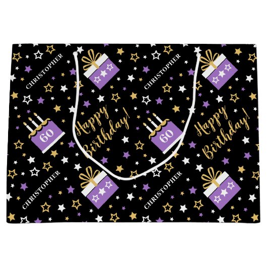 Any Age Happy Birthday Cake Paarse Zwart Groot Cadeauzakje (Voorkant)