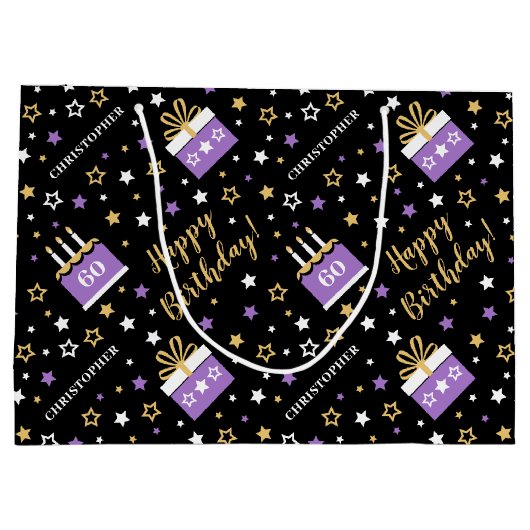 Any Age Happy Birthday Cake Paarse Zwart Groot Cadeauzakje (Achterkant)