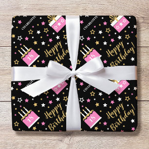 Any Age Happy Birthday Cake Roze Zwart Cadeaupapier