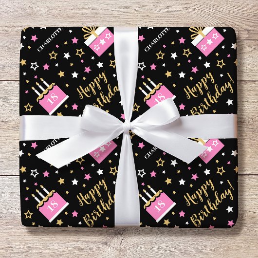 Any Age Happy Birthday Cake Roze Zwart Cadeaupapier