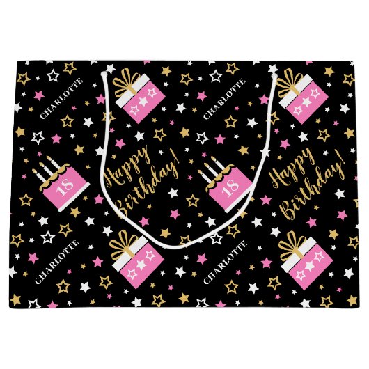 Any Age Happy Birthday Cake Roze Zwart Groot Cadeauzakje (Voorkant)