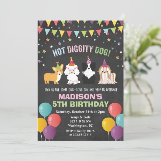 ANY AGE - Hond Puppy Verjaardag Krijt Uitnodiging (Staand voorkant)
