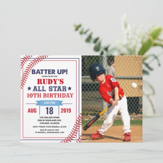 ANY AGE - Honkbal Verjaardag Foto uitnodiging (Staand voorkant)