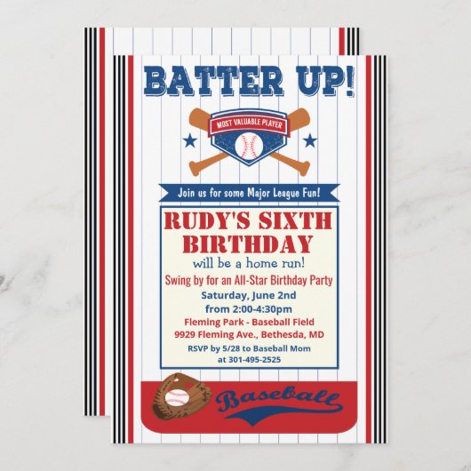 ANY AGE - Honkbal Verjaardagsfeestuitnodiging Kaart (Voorkant / Achterkant)