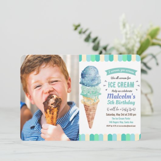 ANY AGE - Ice Cream Boy Verjaardag uitnodiging (Staand voorkant)