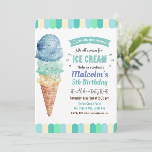 ANY AGE - Ice Cream Boy Verjaardag uitnodiging (Staand voorkant)