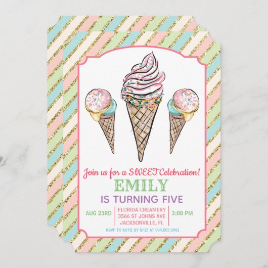 ANY AGE - Ice Cream verjaardagsuitnodiging Kaart (Voorkant / Achterkant)