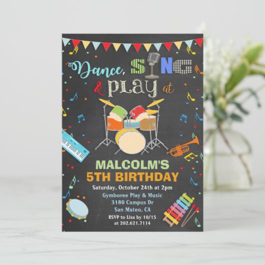 ANY AGE - Jongen Muziek Verjaardag Chalk Uitnodigi Kaart (Staand voorkant)