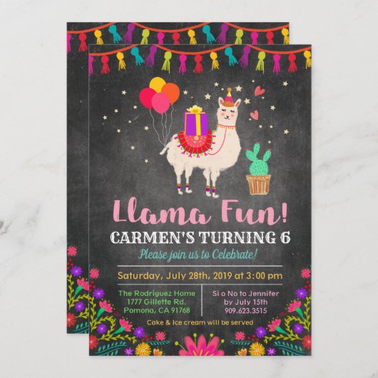 ANY AGE - Llama Bloemen Verjaardag Uitnodiging (Voorkant / Achterkant)