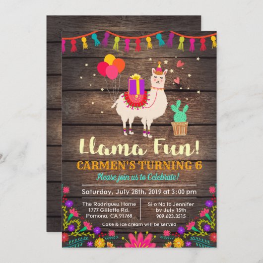 ANY AGE - Llama Verjaardag Uitnodiging (Voorkant / Achterkant)