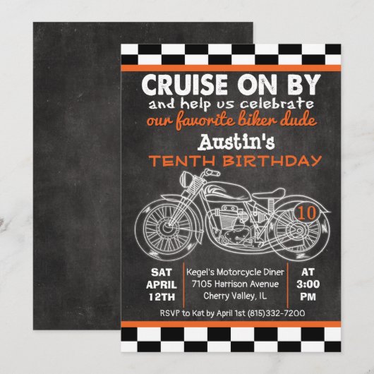 ANY AGE Motorfiets Verjaardag Chalkboard uitnodigi Kaart (Voorkant / Achterkant)