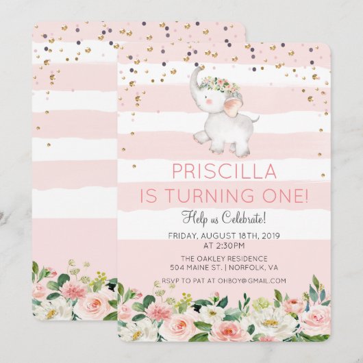 ANY AGE - Olifant Meisje Verjaardag uitnodiging (Voorkant / Achterkant)